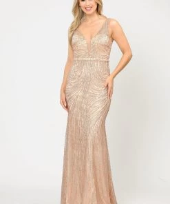 Prom Fitted Long V-Neck Glitter Mesh Dress By Poly USA 8424