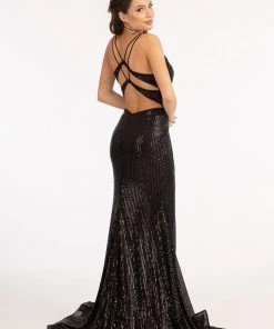 Fitted Metallic Sequin Slit Gown By Elizabeth K GL3050 Prom