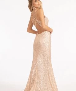 Fitted Metallic Sequin Slit Gown By Elizabeth K GL3050 Prom