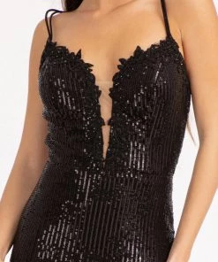 Fitted Metallic Sequin Slit Gown By Elizabeth K GL3050 Prom