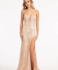 Fitted Metallic Sequin Slit Gown By Elizabeth K GL3050 Prom