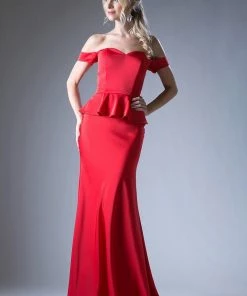 Fitted Off Shoulder Peplum Gown By Cinderella Divine CF134 Prom
