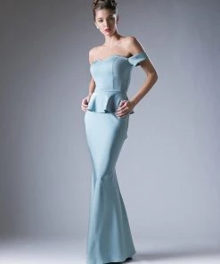 Fitted Off Shoulder Peplum Gown By Cinderella Divine CF134 Prom