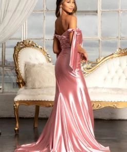 Fitted Off Shoulder Satin Gown By Elizabeth K GL3059 Prom