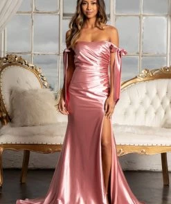 Fitted Off Shoulder Satin Gown By Elizabeth K GL3059 Prom