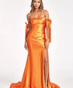 Fitted Off Shoulder Satin Gown By Elizabeth K GL3059 Prom