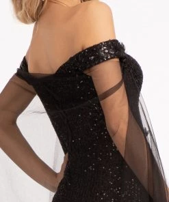 Fitted Off Shoulder Sequin Gown By Elizabeth K GL3054 Prom