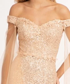Fitted Off Shoulder Sequin Gown By Elizabeth K GL3054 Prom