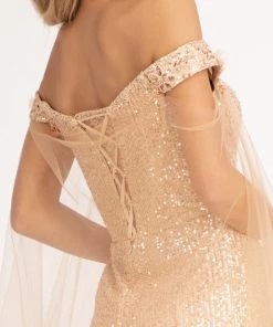 Fitted Off Shoulder Sequin Gown By Elizabeth K GL3054 Prom