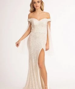Fitted Off Shoulder Sequin Gown By Elizabeth K GL3054 Prom