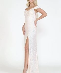 Prom Fitted Off Shoulder Sequin Gown By Poly USA 8722