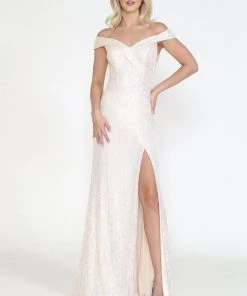 Prom Fitted Off Shoulder Sequin Gown By Poly USA 8722