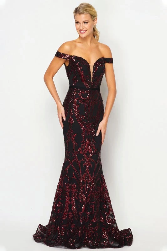 Fitted Off Shoulder Sequin Print Gown By Juliet 247 Prom 6 Fitted Off Shoulder Sequin Print Gown By Juliet 247 Prom