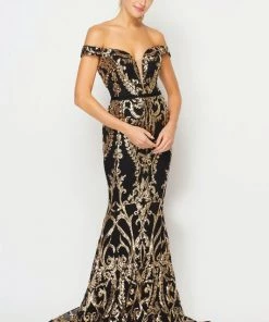 Fitted Off Shoulder Sequin Print Gown By Juliet 247 Prom 19 Fitted Off Shoulder Sequin Print Gown By Juliet 247 Prom