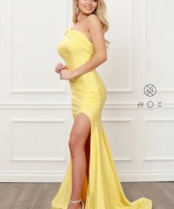 Fitted One Shoulder Slit Gown By Nox Anabel E440 Prom 14 Fitted One Shoulder Slit Gown By Nox Anabel E440 Prom