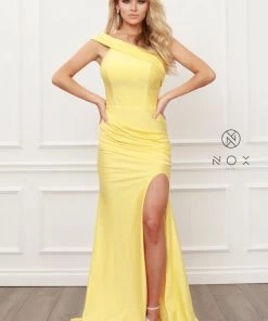 Fitted One Shoulder Slit Gown By Nox Anabel E440 Prom