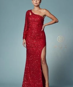 Fitted One Sleeve Sequin Gown By Nox Anabel S1013 18 Fitted One Sleeve Sequin Gown By Nox Anabel S1013