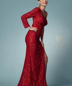 Fitted One Sleeve Sequin Gown By Nox Anabel S1013 21 Fitted One Sleeve Sequin Gown By Nox Anabel S1013