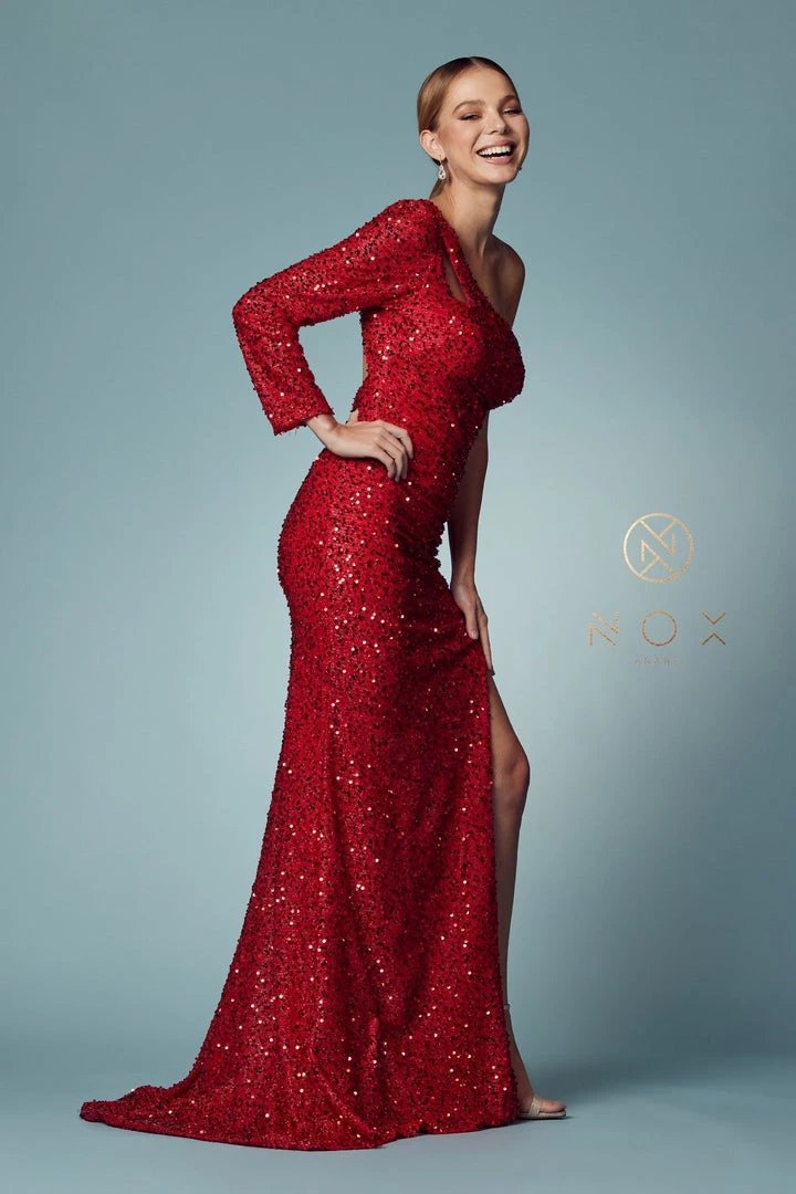 Fitted One Sleeve Sequin Gown By Nox Anabel S1013 12 Fitted One Sleeve Sequin Gown By Nox Anabel S1013