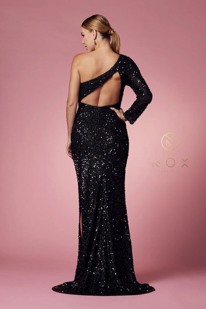 Fitted One Sleeve Sequin Gown By Nox Anabel S1013 4 Fitted One Sleeve Sequin Gown By Nox Anabel S1013