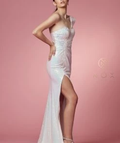 Fitted One Sleeve Sequin Gown By Nox Anabel S1017 Prom