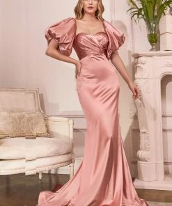 Fitted Puff Sleeve Satin Gown By Cinderella Divine CD983 Prom