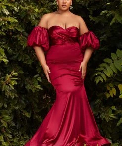 Fitted Puff Sleeve Satin Gown By Cinderella Divine CD983 Prom
