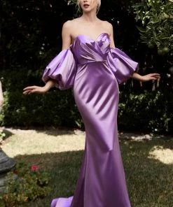 Fitted Puff Sleeve Satin Gown By Cinderella Divine CD983 Prom