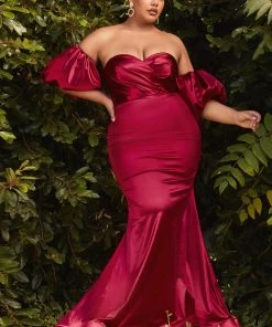 Fitted Puff Sleeve Satin Gown By Cinderella Divine CD983 Prom