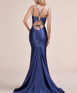Prom Fitted Satin Dress With Lace Up Back By Cinderella Divine A0632