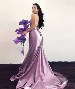 Prom Fitted Satin Dress With Lace Up Back By Cinderella Divine A0632