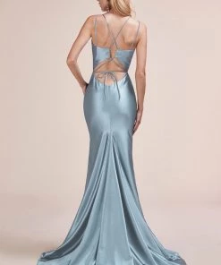 Prom Fitted Satin Dress With Lace Up Back By Cinderella Divine A0632