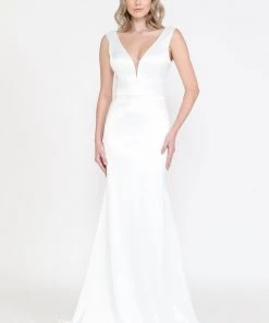 Fitted Satin V-Neck Wedding Dress By Poly USA 8502