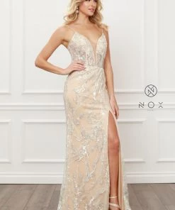 Fitted Sequin Applique Slit Gown By Nox Anabel E459 Prom
