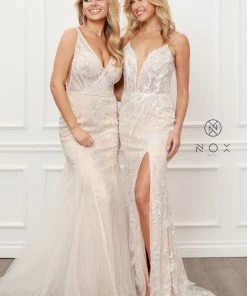 Fitted Sequin Applique Slit Gown By Nox Anabel E459 Prom