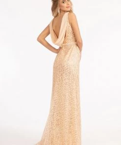 Fitted Sequin Cowl Back Gown By Elizabeth K GL3008