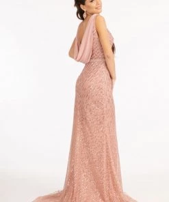Fitted Sequin Cowl Back Gown By Elizabeth K GL3008