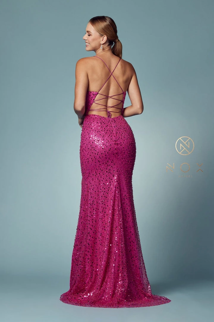 Fitted Sequin Lace-Up Back Gown By Nox Anabel R1031 Prom 6 Fitted Sequin Lace-Up Back Gown By Nox Anabel R1031 Prom