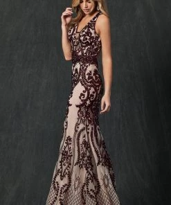Prom Fitted Sequin Print V-Neck Gown By Juliet 243