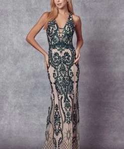 Prom Fitted Sequin Print V-Neck Gown By Juliet 243