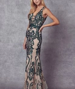 Prom Fitted Sequin Print V-Neck Gown By Juliet 243