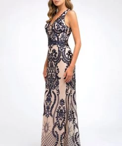 Prom Fitted Sequin Print V-Neck Gown By Juliet 243