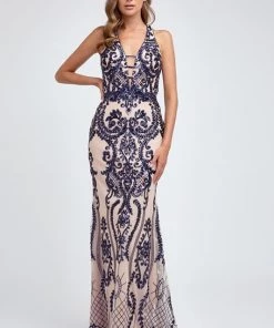 Prom Fitted Sequin Print V-Neck Gown By Juliet 243
