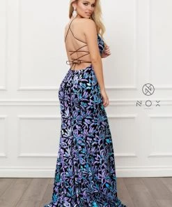Fitted Sequin Print Velvet Gown By Nox Anabel R427