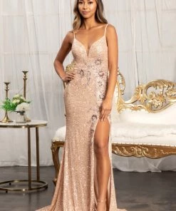 Fitted Sequin Slit Gown By Elizabeth K GL3023 Prom