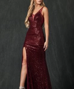 Fitted Sheer V-Neck Sequin Gown By Juliet 264