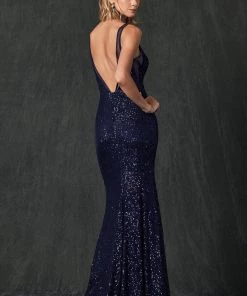 Fitted Sheer V-Neck Sequin Gown By Juliet 264