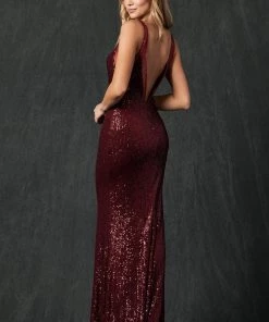 Fitted Sheer V-Neck Sequin Gown By Juliet 264