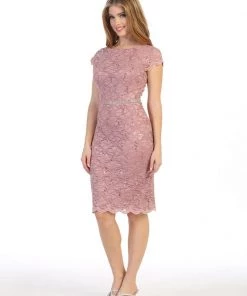 Fitted Short Sequin Lace Dress With Short Sleeves By Celavie 6372S