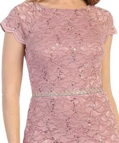 Fitted Short Sequin Lace Dress With Short Sleeves By Celavie 6372S
